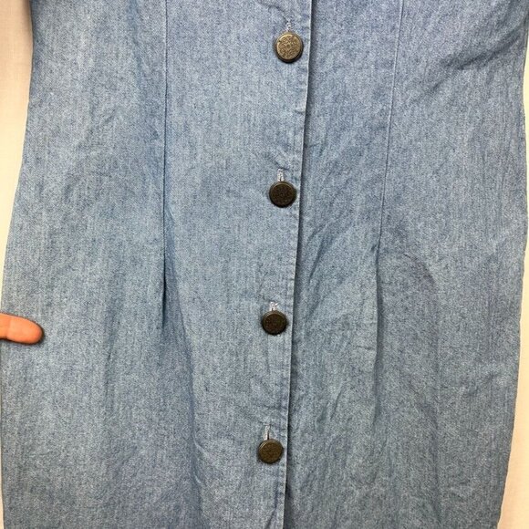 Vintage 90s Full Button Denim Sheath Dress Womens M Square Neck Boho Mom USA - Picture 4 of 13